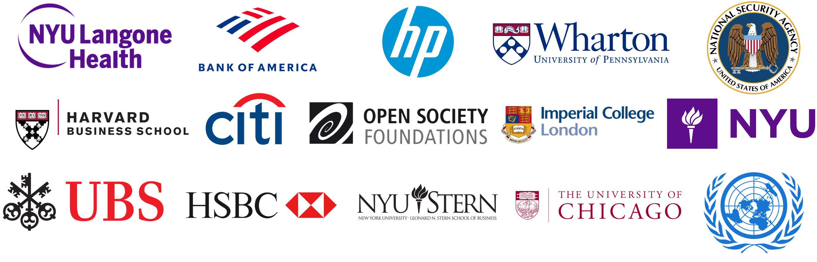 Bank of America, HSBC, Imperial College, NYU Stern, Wharton, Citi, Harvard Business School, NSA, National Security Agency, Open Society Foundation, Soros Foundation, HP, Hewlett Packard, Harvard University, Harvard, NYU, The University of Chicago, UofC, UChicago, United Nations, The UN